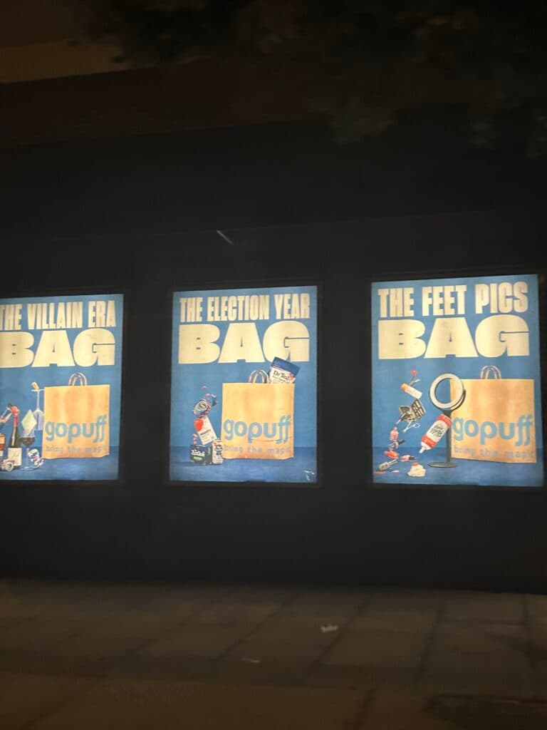 What does OOH mean GoPuff OOH campaign: The Villain Era Bag, The Election Year Bag, and The Feet Pics Bag.