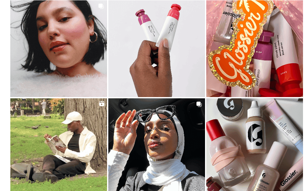 Image 1: Un collage di post di Instagram generati dagli utenti, con prodotti Glossier e clienti diversi. Le immagini includono primi piani di persone che utilizzano i prodotti, mostrando l'approccio inclusivo e comunitario di Glossier al marketing organico.