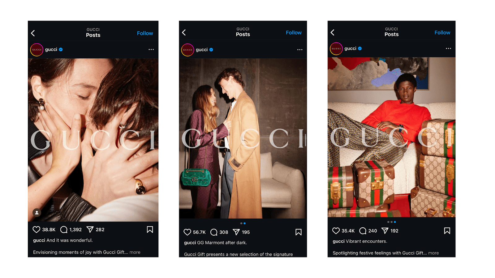 Annunci per le festività: Spazi sui social media di Gucci per la campagna pubblicitaria per le festività del 2023
