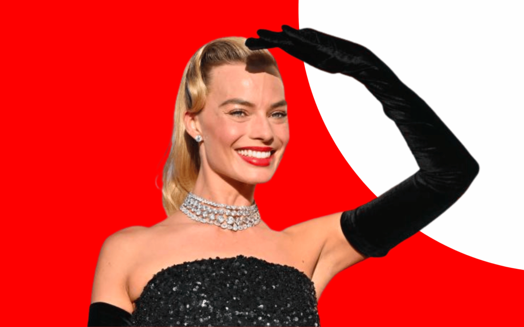 Entertainment marketing agency + media buying services (feat. Margot Robbie as Barbie, red background with spotlight)