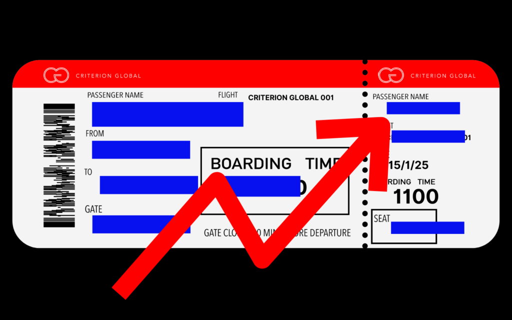 上向きの矢印が描かれた国際的なメディア機関の搭乗券。